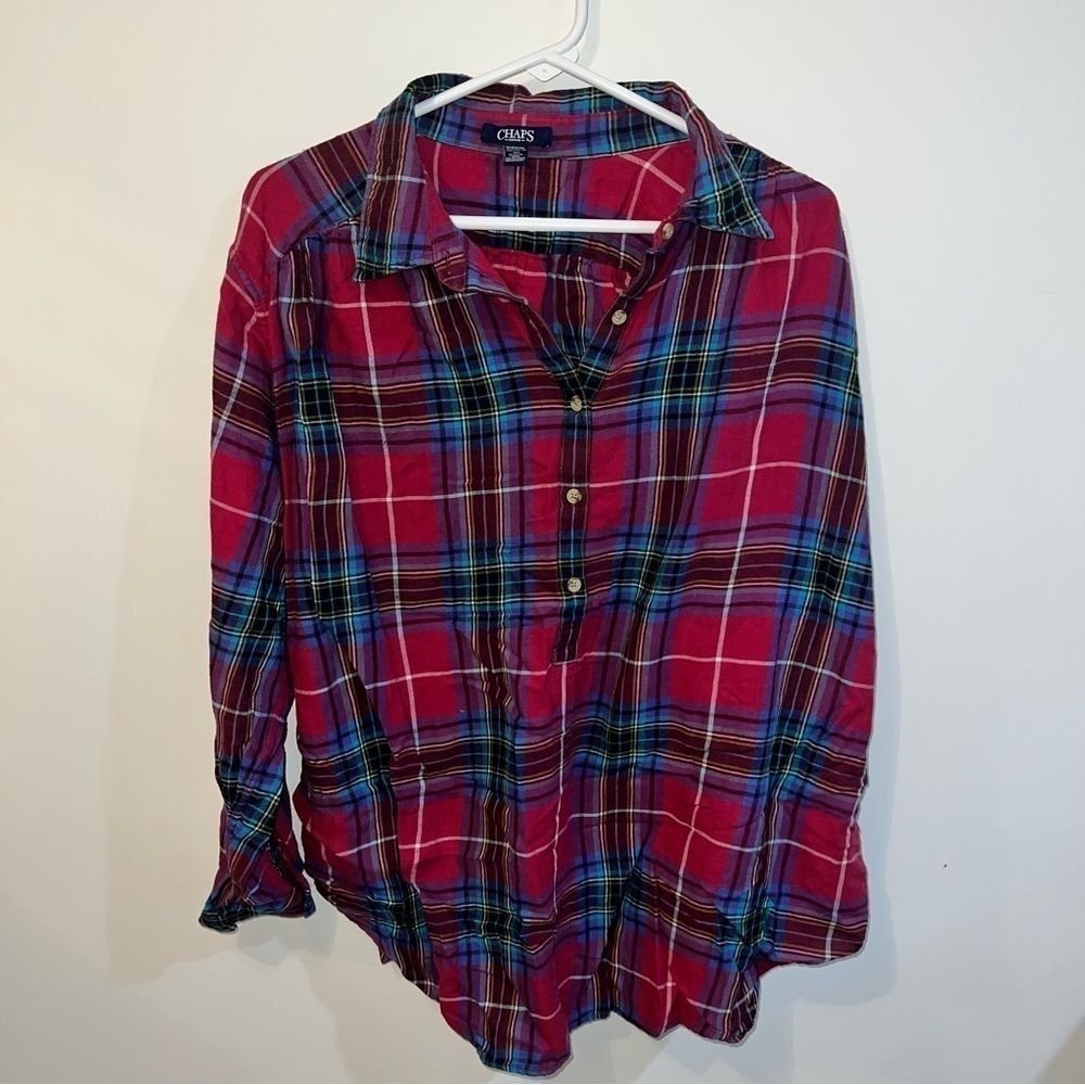 Chaps Denim Women’s Plus Size 2X Plaid Button-Up Tunic Shirt - Picture 6 of 7